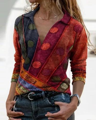 Color Block V Neck Long Sleeve Blouses