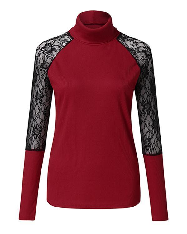 Women Lace High Neck Long Sleeves Casual Elegant Knit Blouses