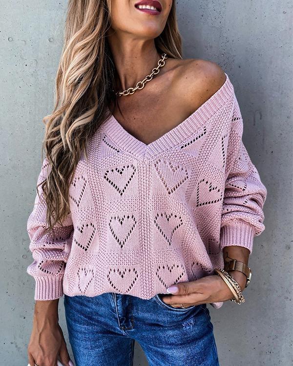 Women's Basic Hollow Out Solid Color Long Sleeve Loose Sweater