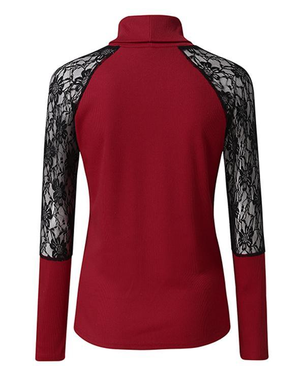 Women Lace High Neck Long Sleeves Casual Elegant Knit Blouses