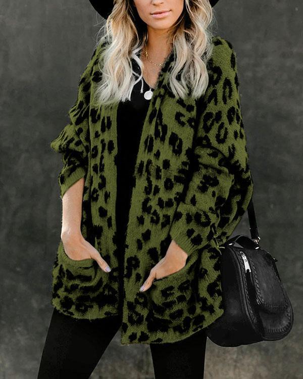 Leopard Pocket Loose Knitted Cardigan
