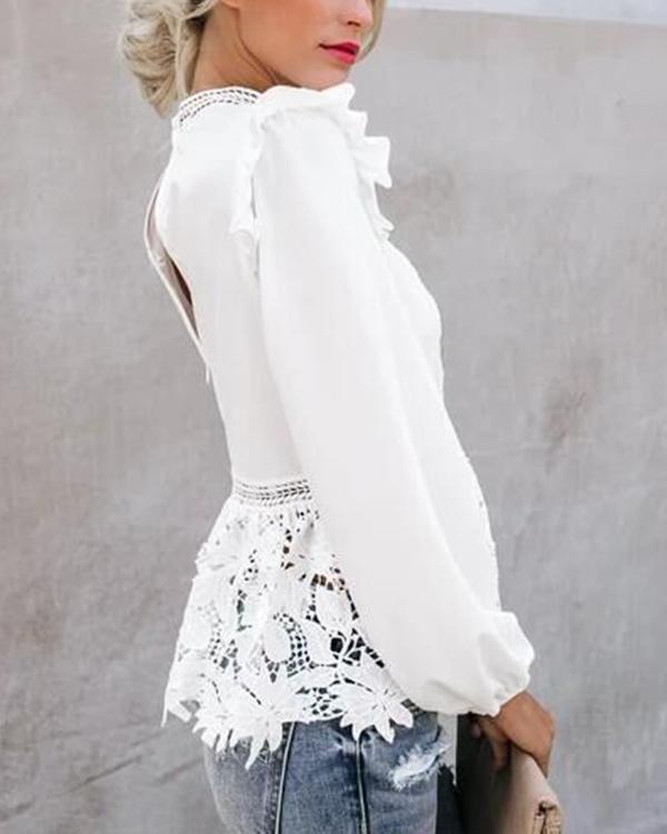 Sexy Hollow out Gored Lace Falbala Long Sleeve Blouse