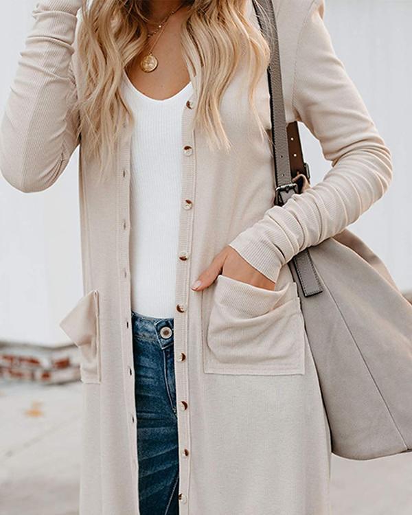 Long SleeveButton Down Pocketed Chic Cardigan