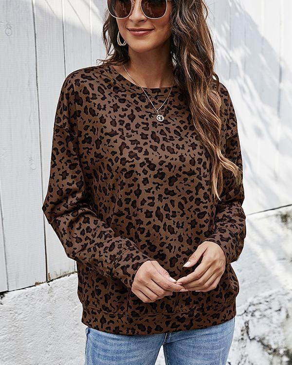 Round Neck Leopard Print Pullover Loose Tops