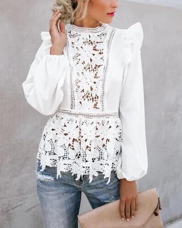 Sexy Hollow out Gored Lace Falbala Long Sleeve Blouse