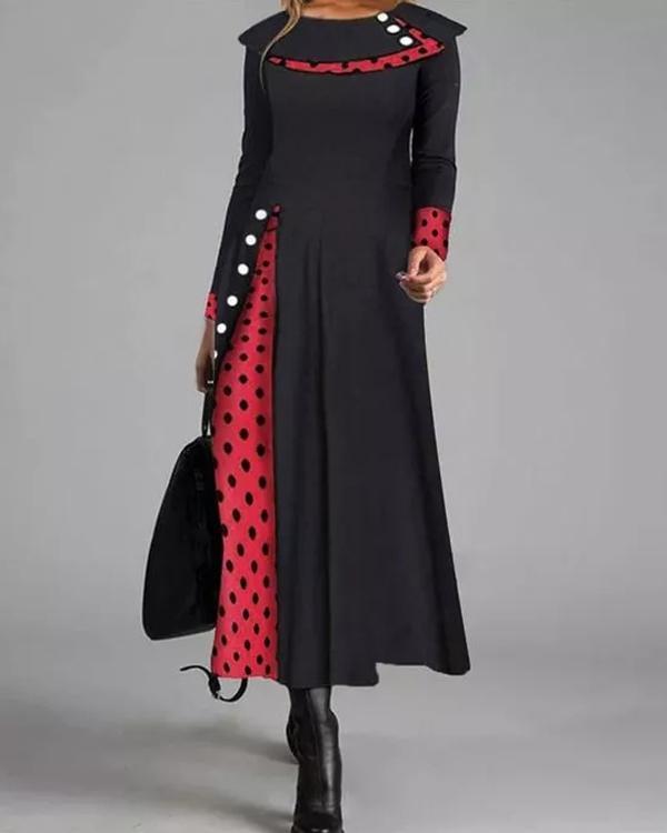 Casual Polka Dot Round Neckline Long Sleeve Maxi Dress