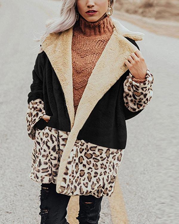 Women Leopard Print Fleece Shawl Collar Paneled Long Sleeve Coats