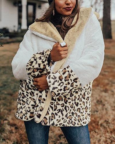 Women Leopard Print Fleece Shawl Collar Paneled Long Sleeve Coats