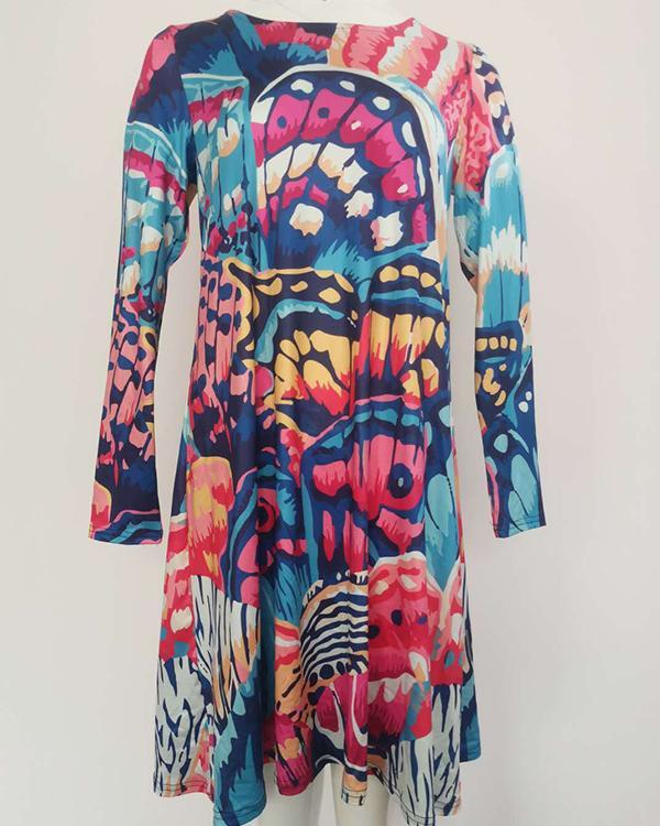 Vintage Floral/ Butterfly Tunic Round Neckline A-line Dress