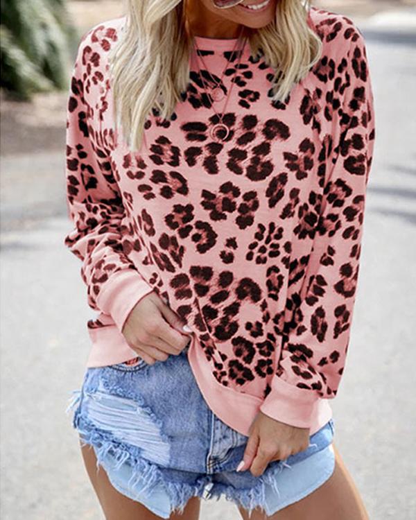Women O Neck Pullover Leopard Print Blouse Tops