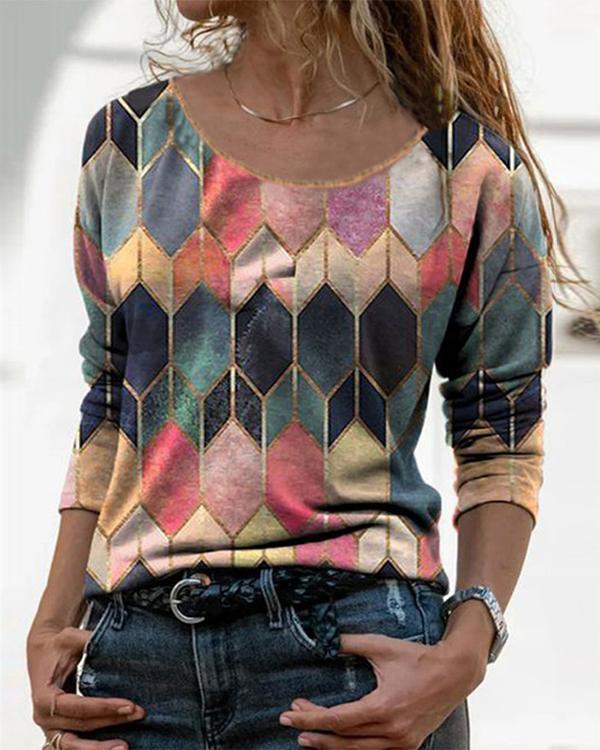 Color Block Casual O-Neckline Long Sleeve Blouses