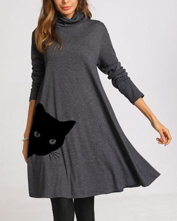 Cat Print Long Sleeve A-line Dresses