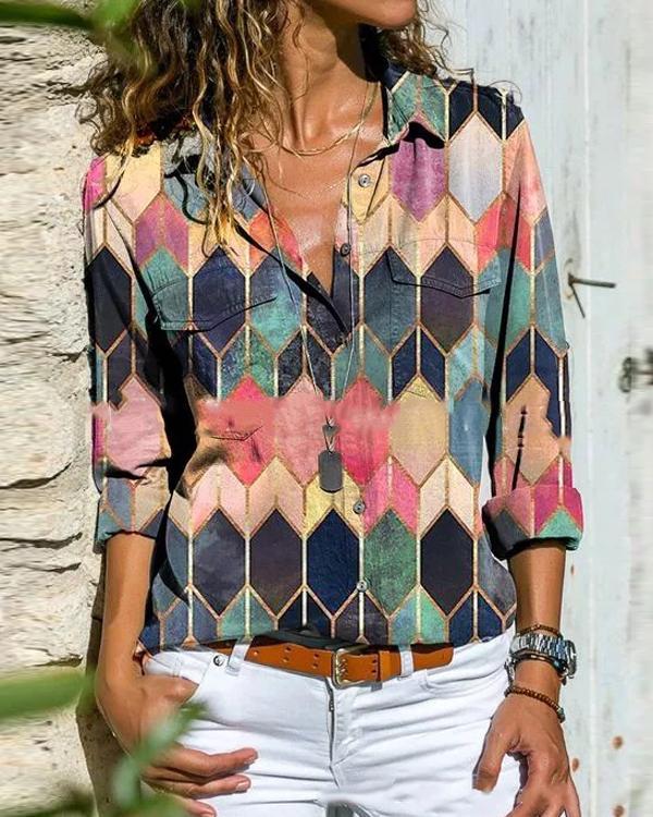 Color Block Casual Collar Long Sleeve Blouses