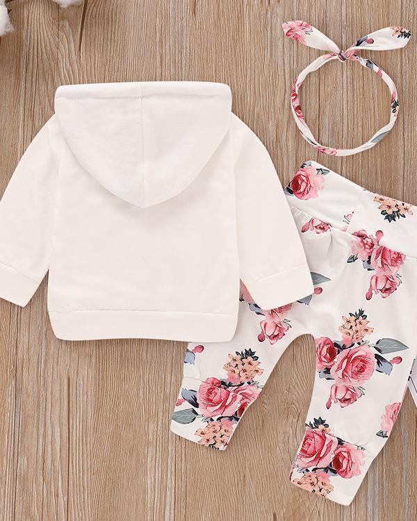 Beautiful Floral Long-sleeve Hoodie, Pants and Headband Set