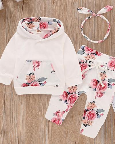 Beautiful Floral Long-sleeve Hoodie, Pants and Headband Set