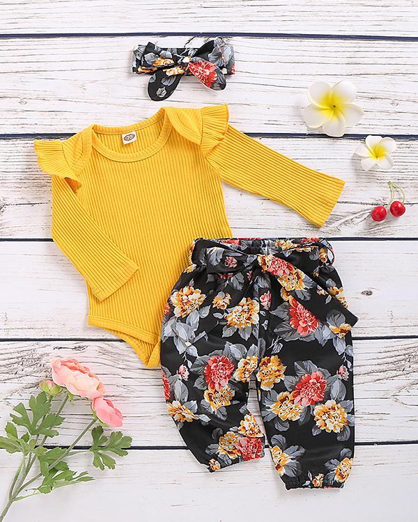 Toddler Floral Print Yellow Bodysuit, Skirt and Headband Suit