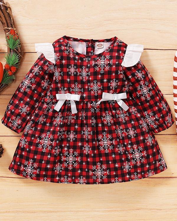 Girls Christmas Snowflake Bow Decor Long Sleeve Dress