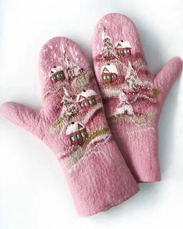 Wool Cotton Print Skiing Gloves