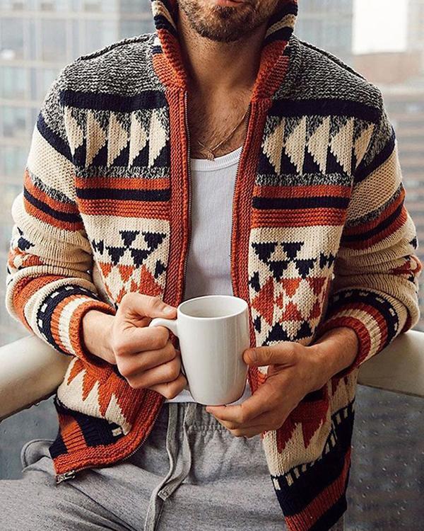 Autumn Casual Men Sweater Geometric Print Zipper Turtleneck Slim Cardigan