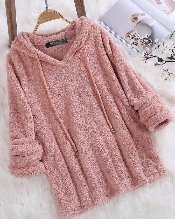 Fleece Hooded Solid Color Autumn Winter Long Sleeve Sweatshirts