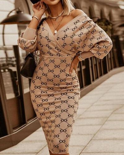 Print Long Sleeves Bodycon Pencil Elegant Midi Dresses