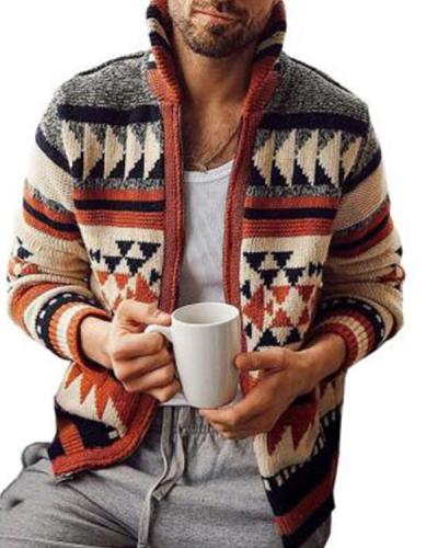 Autumn Casual Men Sweater Geometric Print Zipper Turtleneck Slim Cardigan