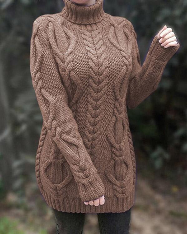 Solid Cable-knit Chunky knit Turtleneck Casual Long Sweater Dress