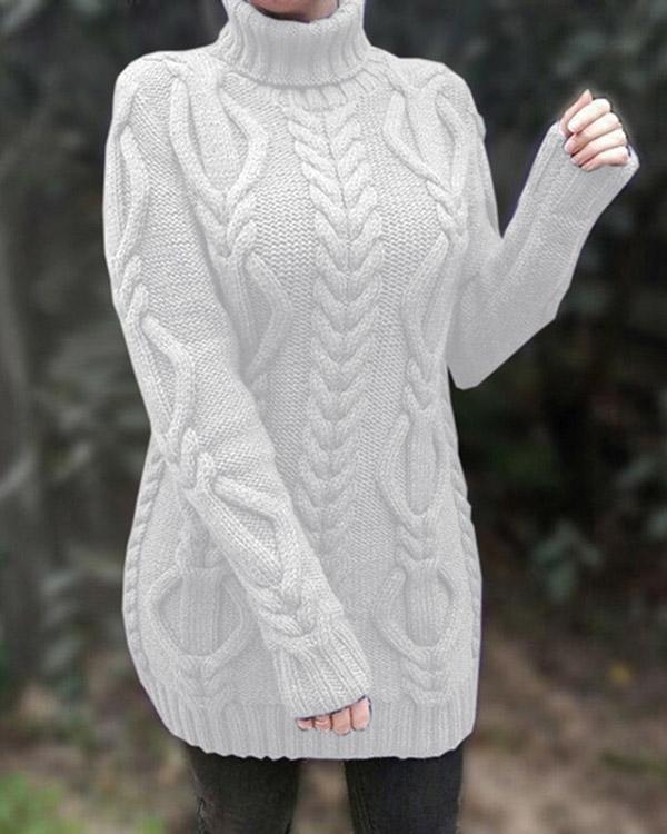 Solid Cable-knit Chunky knit Turtleneck Casual Long Sweater Dress