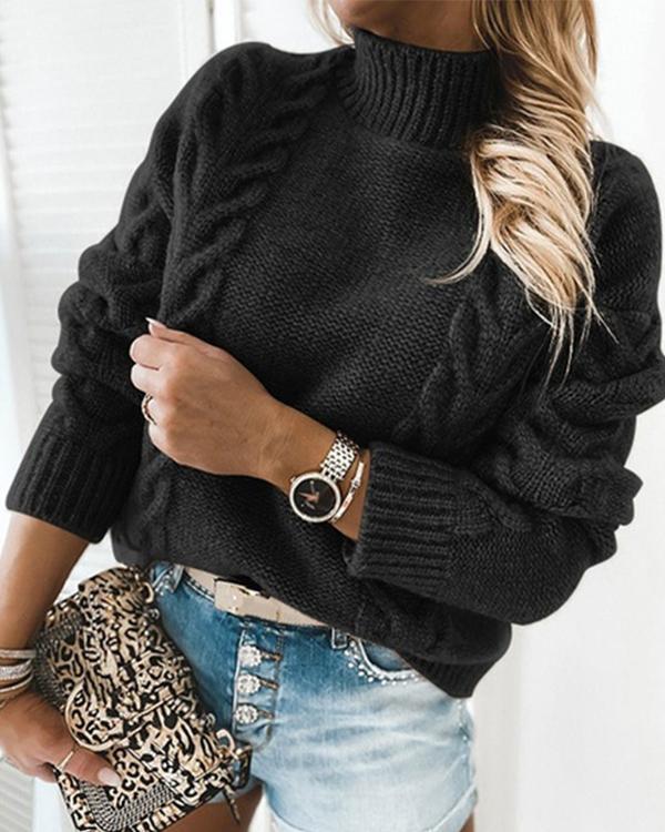 Solid Cable-knit Turtleneck Casual Sweaters