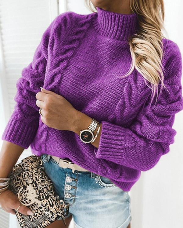 Solid Cable-knit Turtleneck Casual Sweaters