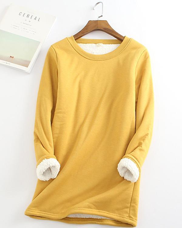 Casual Fleece Blend Round Neck Solid Long Sweatshirt
