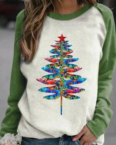 Colorful Gradient Dragonfly Christmas Tree Print Raglan Sleeves Color-block T-shirt