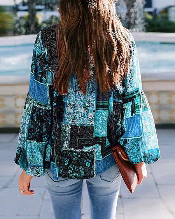 Women's Bohemian Print Casual Lantern Sleeve Blouses