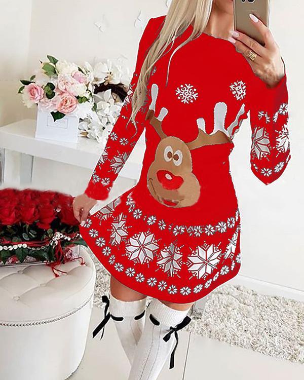 Women's Dress Christmas Moose Snowflake Print Long Sleeve Mini Dress