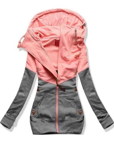 Casual Color Block Zip Hooded Jacket