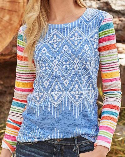 Rainbow Color Print Paneled Long Sleeves T-shirt