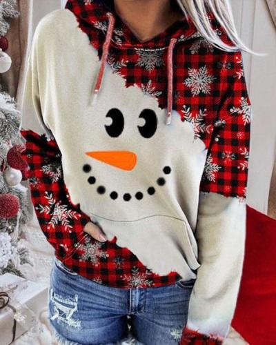Christmas Color Block Snowman Face Print Hoodie