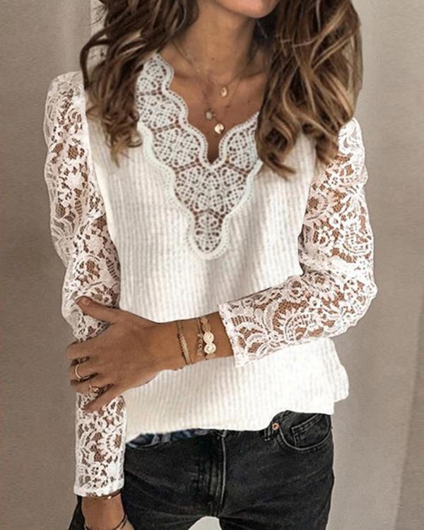 US$ 30.99 - Women Solid Lace V-Neck Sexy Sweaters - www.narachic.com