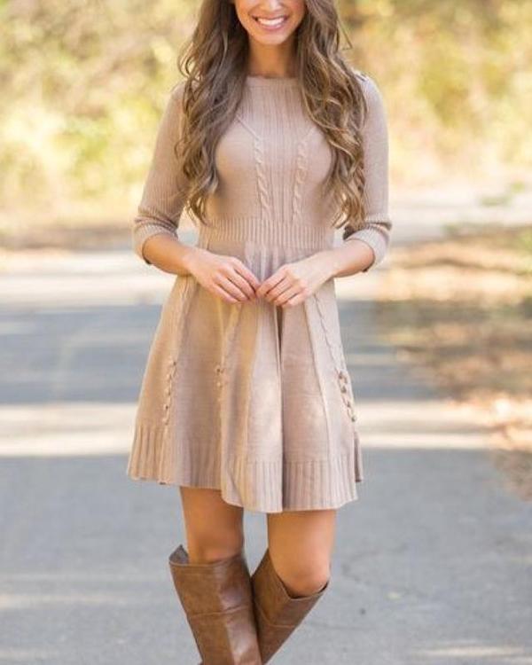Solid Long Sleeves A-line Above Knee Crew Neck Dress