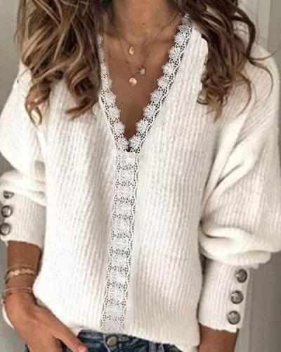 Solid Lace V-Neck Casual Sweaters