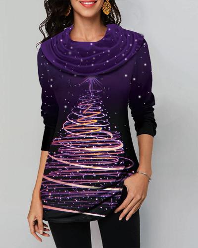 Casual Cowl Neck Christmas Long Sleeves T-shirt