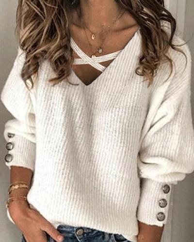 Casual V-neck Solid Color Sweater