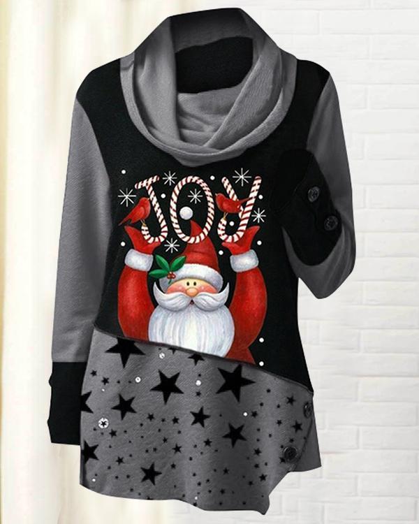 Casual Cowl Neck Christmas Santa Claus Print Tunic Top