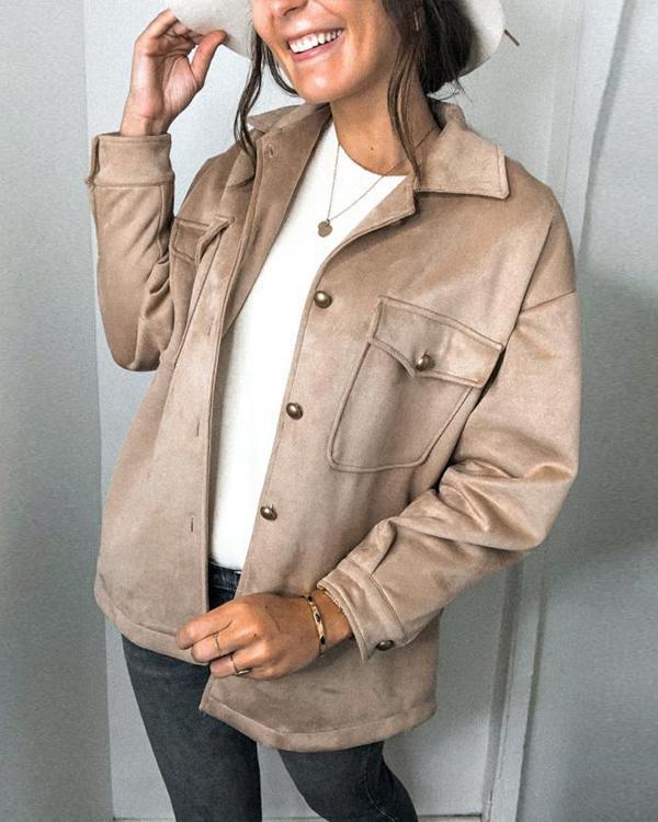 Street Fashion Solid Suede Buttons Down Pockets Lapel Collar Coat
