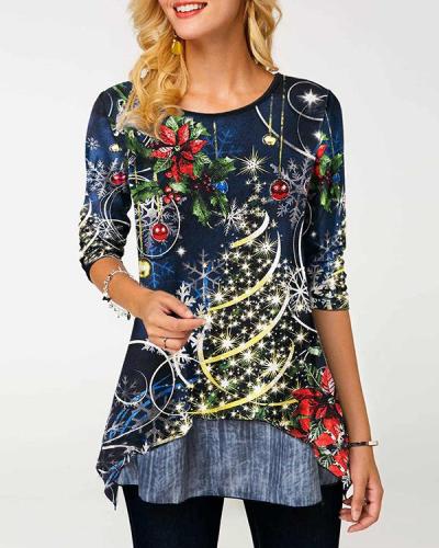 Digital Print Christmas Tree Long Sleeves A-line T-shirt