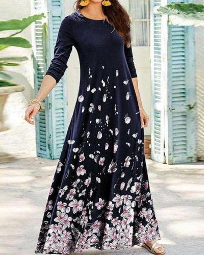 Women Long Sleeve Causal A-Line Floral Maxi Dress