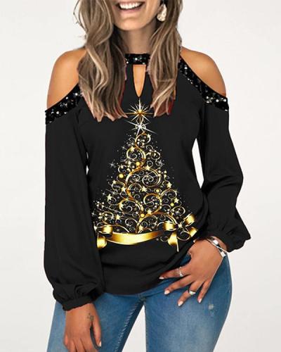 Women's Cold Shoulder Print Casual Lantern Sleeve Blouses