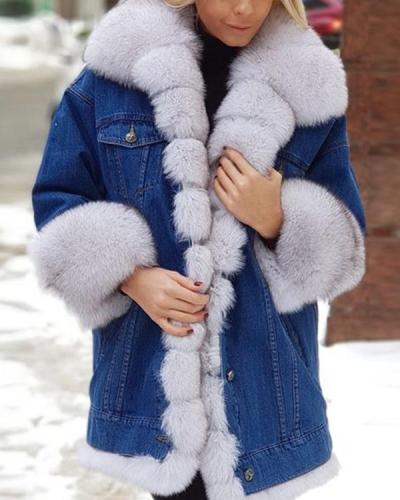 Long Sleeve Lapel Buttons Pockets Fur Coats