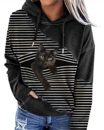 Women Fashion Cat Print Drawstring Hoodies