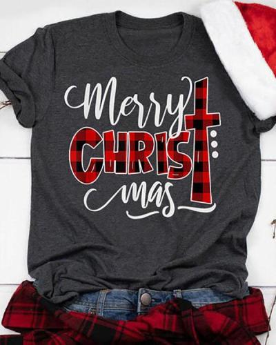 Women Casual Buffalo Plaid Merry Christmas T-Shirt